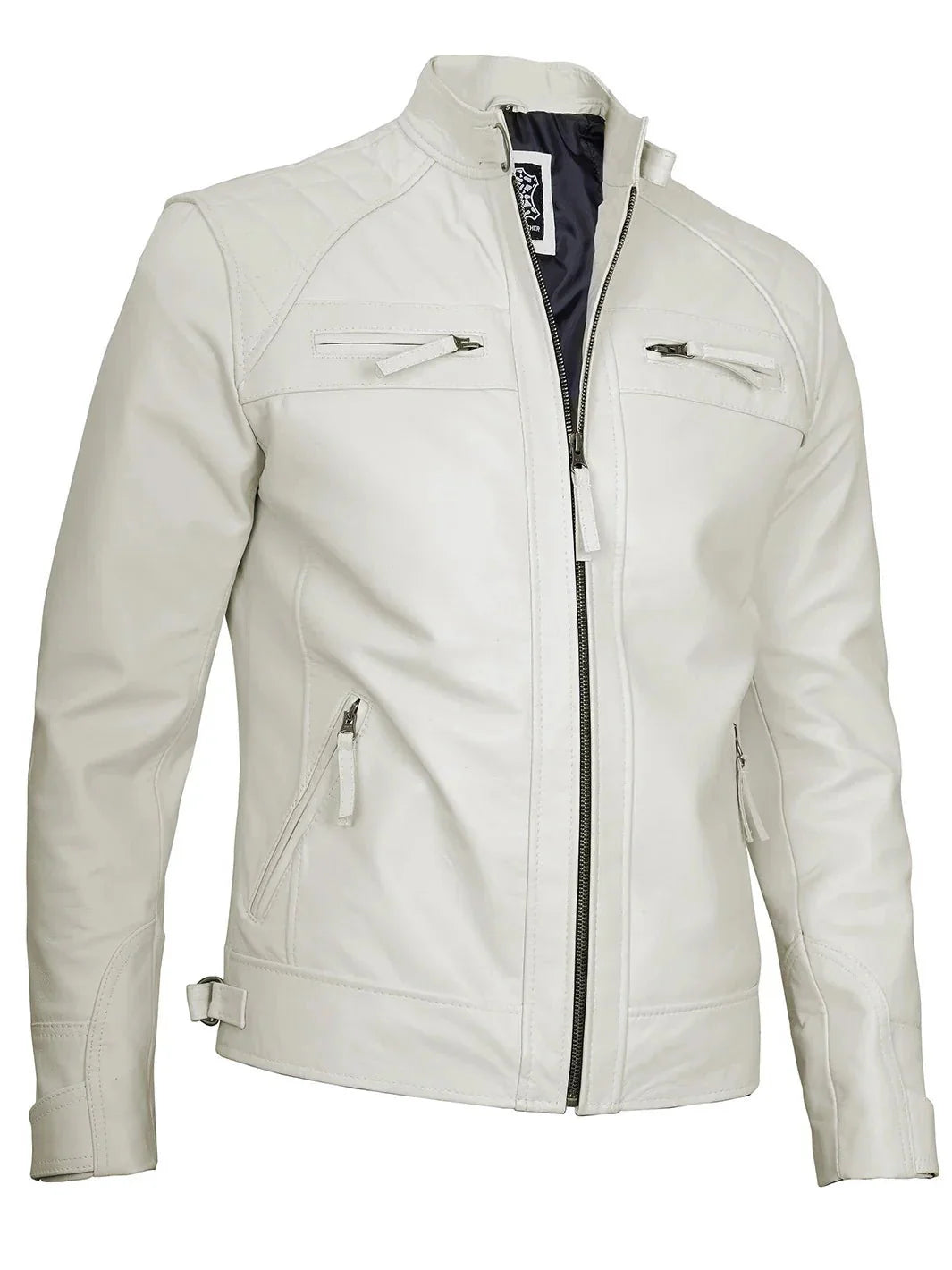 Johnson Mens Off White Quilted Cafe Racer Leather Jacket - Rare Leather