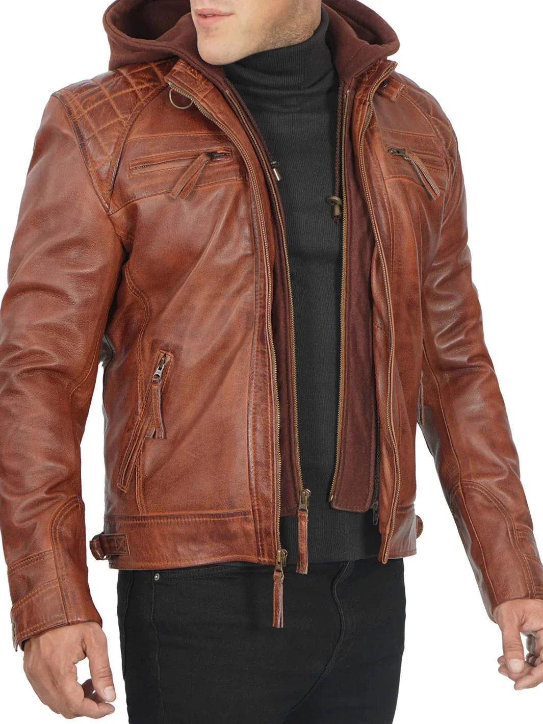 Johnson Mens Tan Hooded Leather Jacket - Rare Leather
