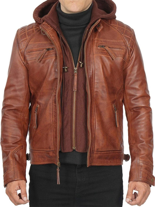 Johnson Mens Tan Hooded Leather Jacket - Vox Leather