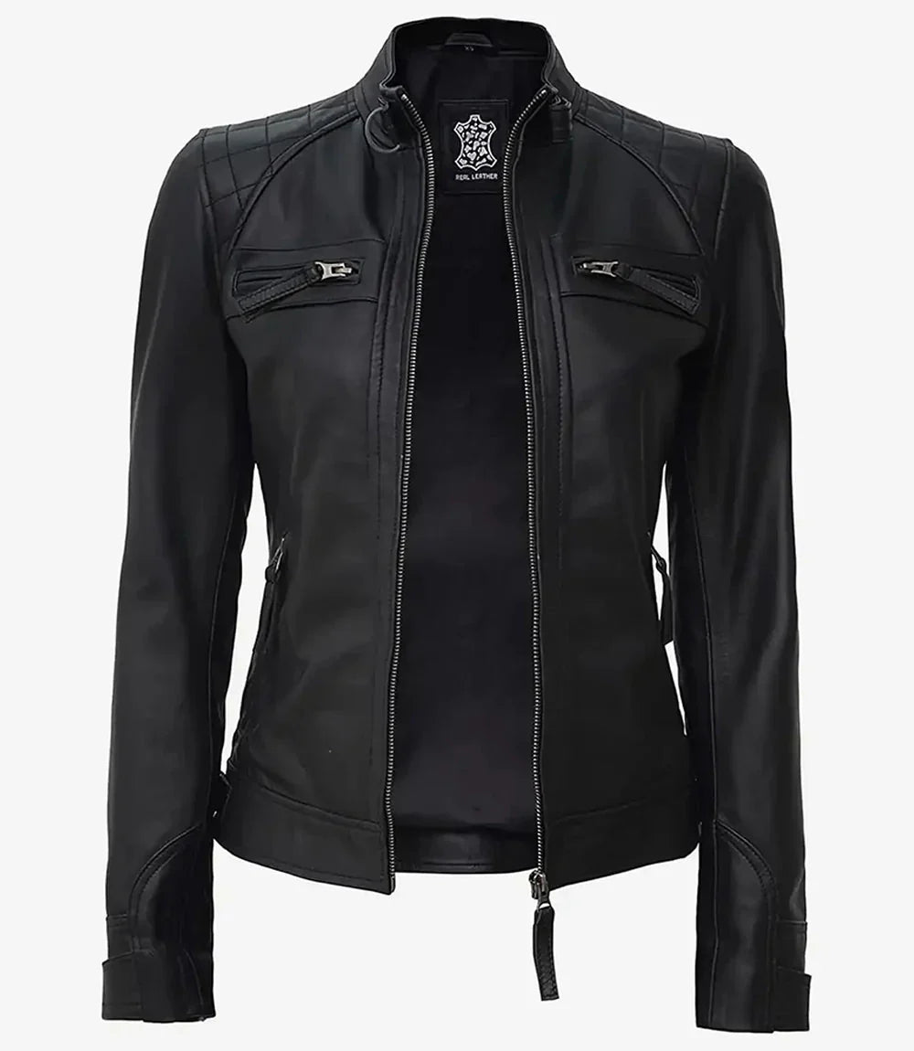 Johnson Women Black Quilted Biker Leather Jacket - Rare Leather