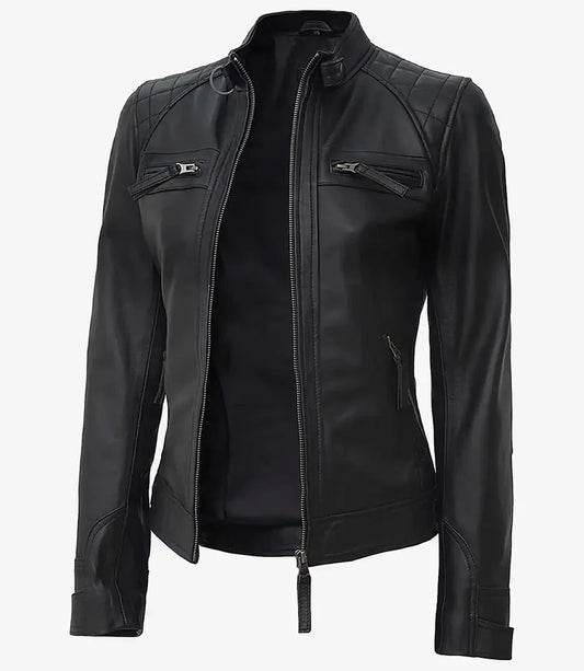 Johnson Women Black Quilted Biker Leather Jacket - Rare Leather