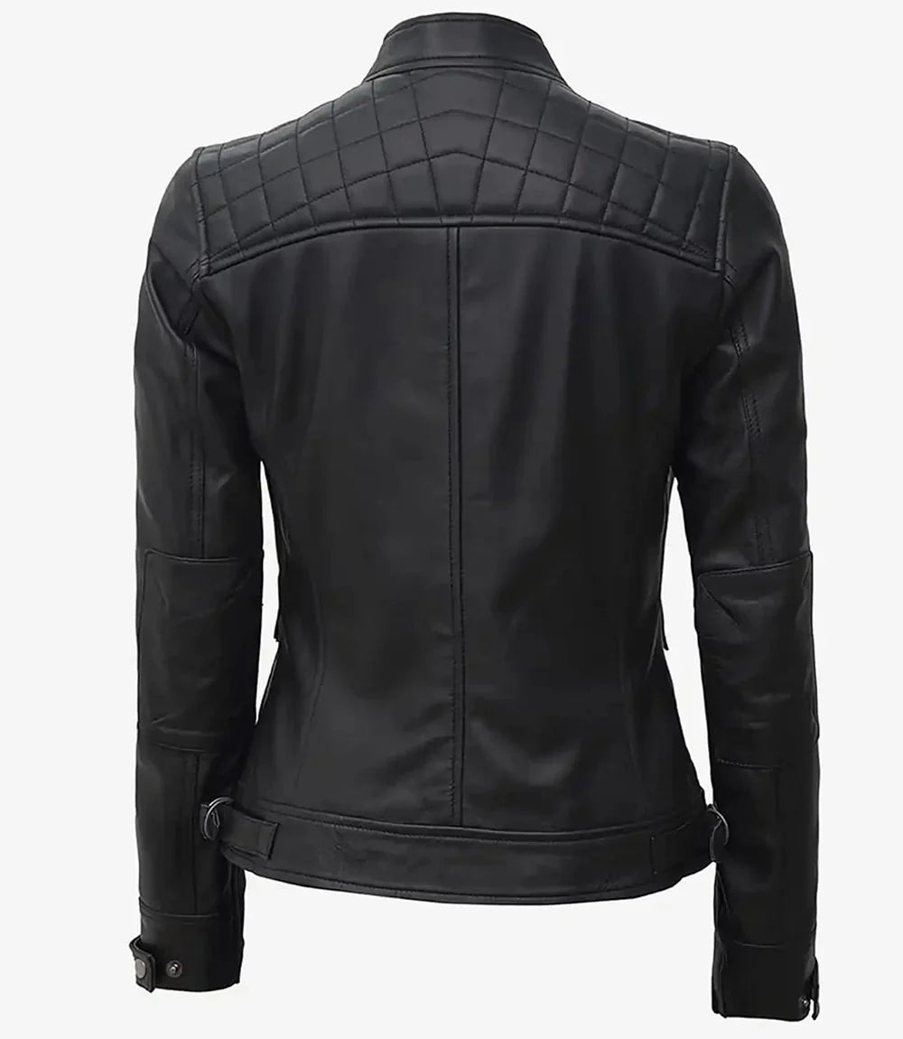 Johnson Women Black Quilted Biker Leather Jacket - Rare Leather