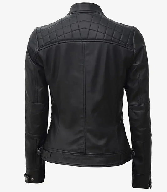 Johnson Women Black Quilted Biker Leather Jacket - Rare Leather