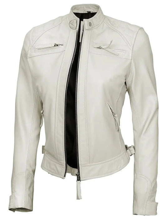 Johnson Women Quilted Off White Cafe Racer Leather Jacket - Rare Leather