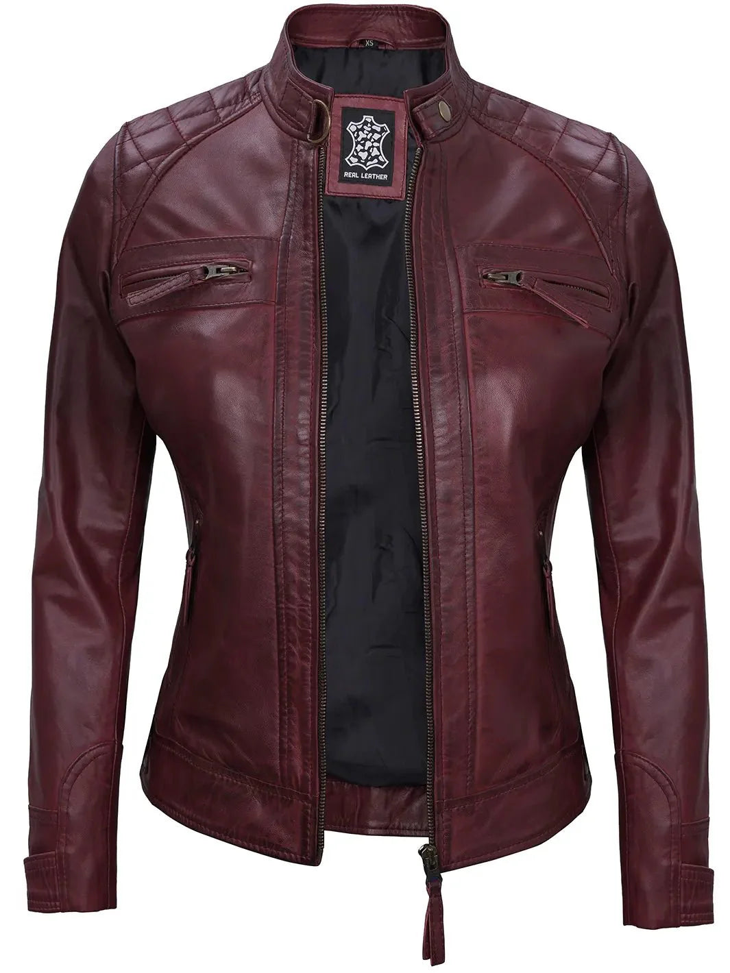 Johnson Women's Burgundy Quilted Cafe Racer Leather Jacket - Rare Leather