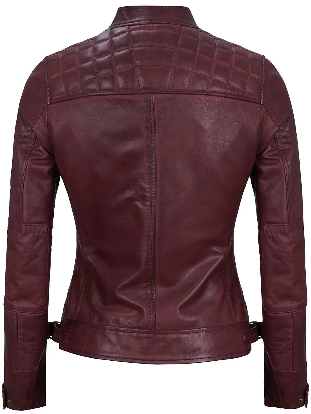 Johnson Women's Burgundy Quilted Cafe Racer Leather Jacket - Rare Leather