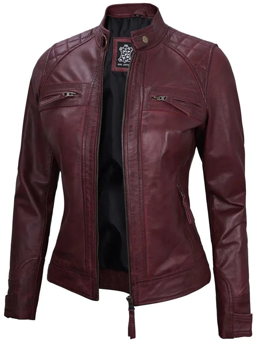 Johnson Women's Burgundy Quilted Cafe Racer Leather Jacket - Vox Leather