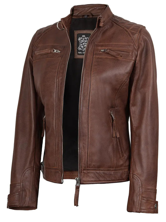 Johnson Women's Cognac Brown Cafe Racer Leather Jacket - Rare Leather