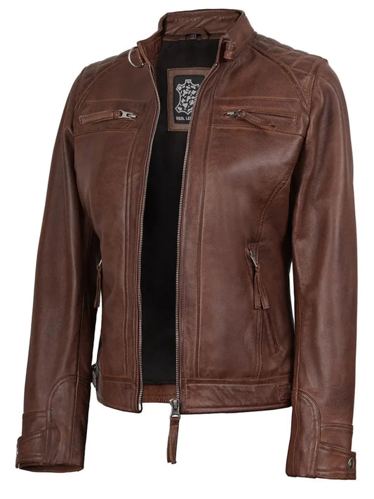 Johnson Women's Cognac Brown Cafe Racer Leather Jacket - Vox Leather
