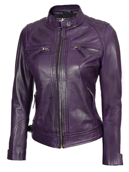 Johnson Women's Purple Quilted Cafe Racer Leather Jacket - Rare Leather
