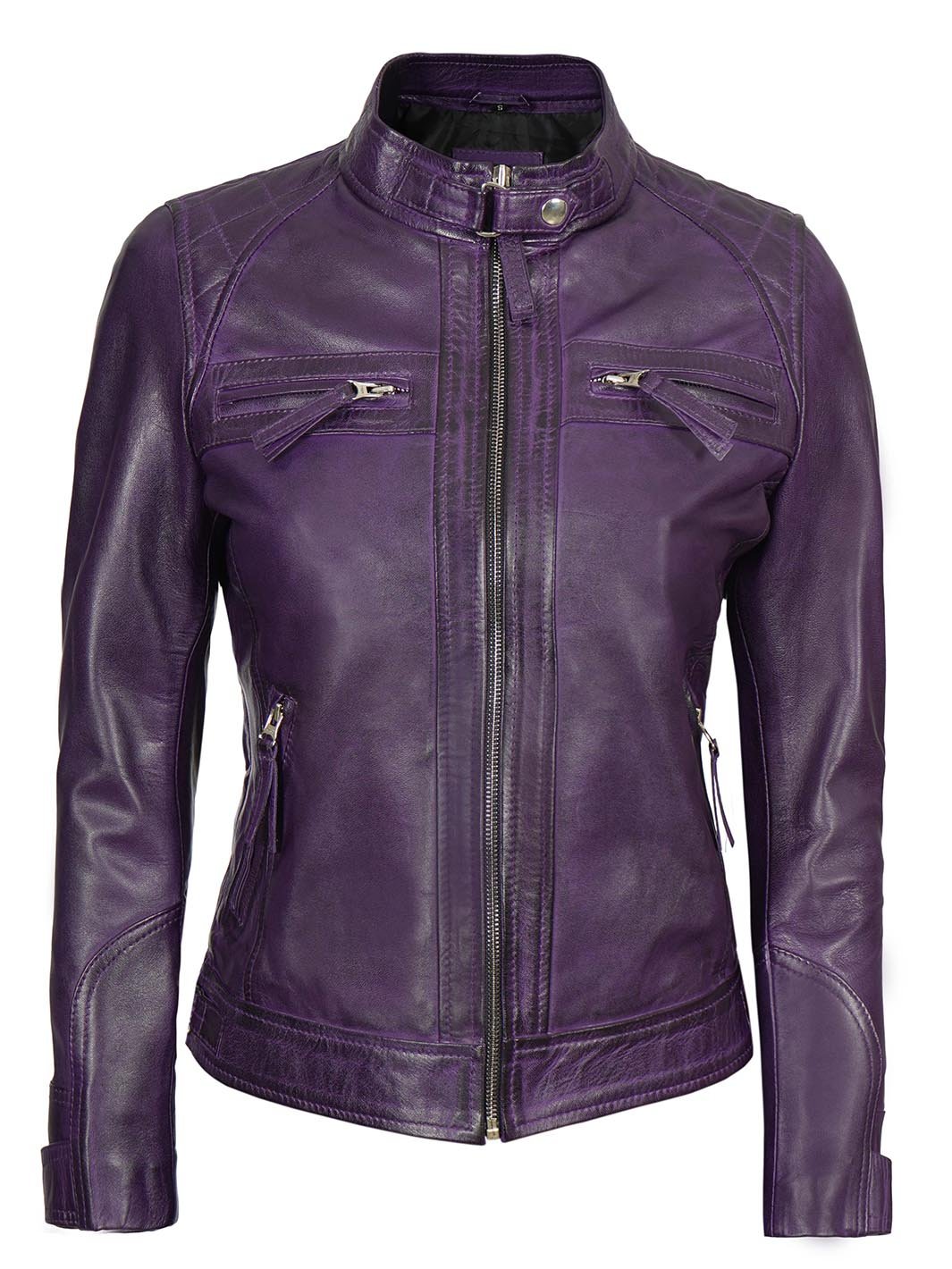 Johnson Women's Purple Quilted Cafe Racer Leather Jacket - Rare Leather