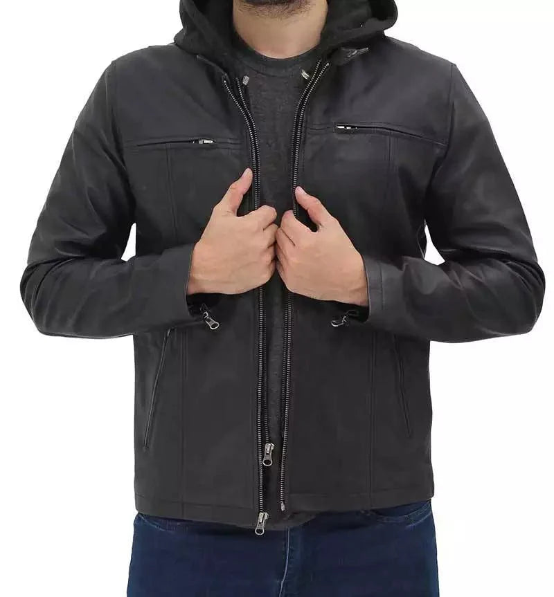 Jonathan Mens Black Cafe Racer Leather Jacket with Removable Hood - Rare Leather