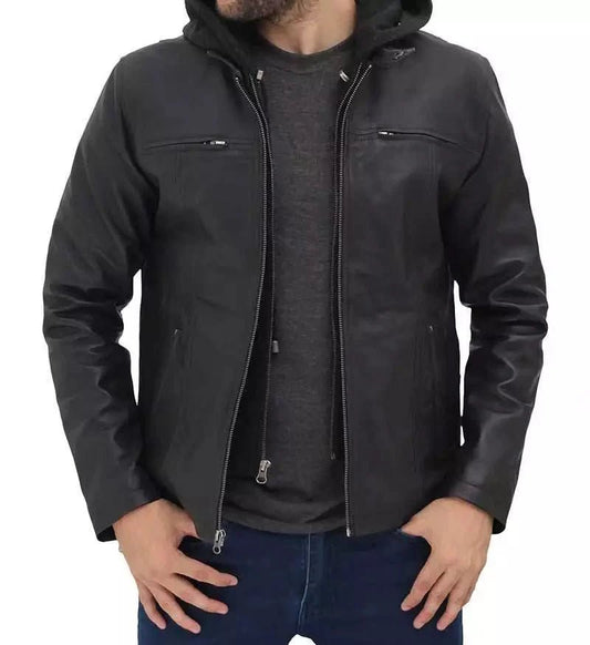 Jonathan Mens Black Cafe Racer Leather Jacket with Removable Hood - Vox Leather