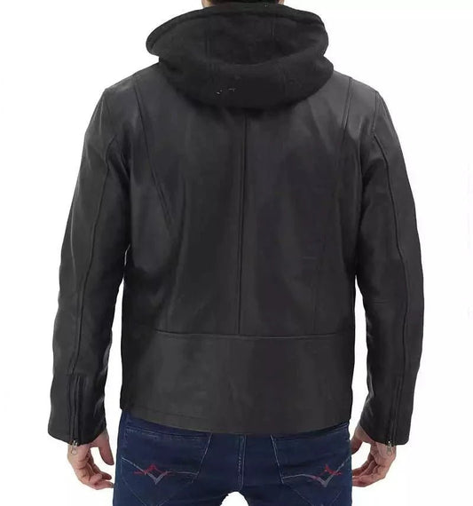 Jonathan Mens Black Cafe Racer Leather Jacket with Removable Hood - Vox Leather