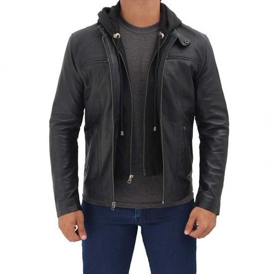 Jonathan Mens Black Cafe Racer Leather Jacket with Removable Hood - Vox Leather