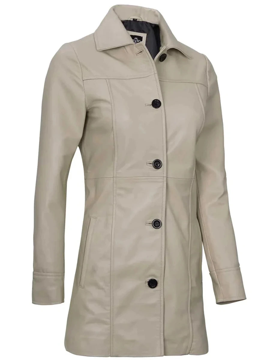 Kandis Women's Biege Real Leather Car Coat - Vox Leather