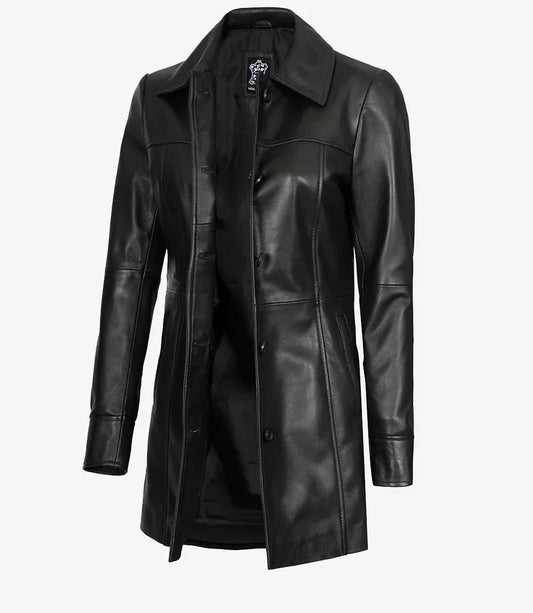 Kandis Womens Black 3/4 Length Leather Car Coat - Vox Leather