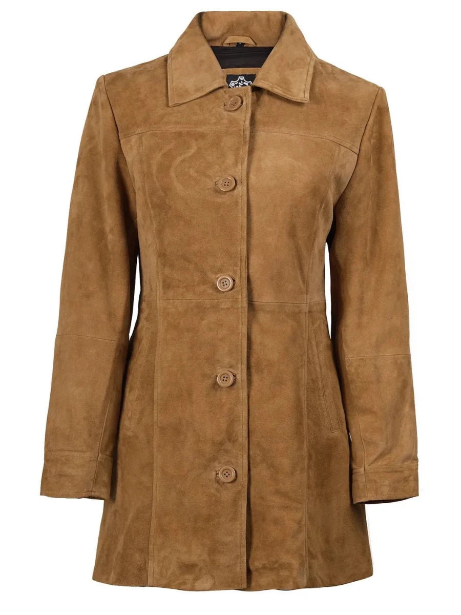 Kandis Womens Brown Suede Car Coat - Vox Leather