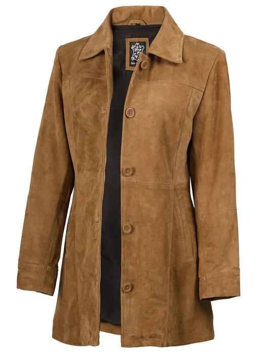 Kandis Womens Brown Suede Car Coat - Vox Leather