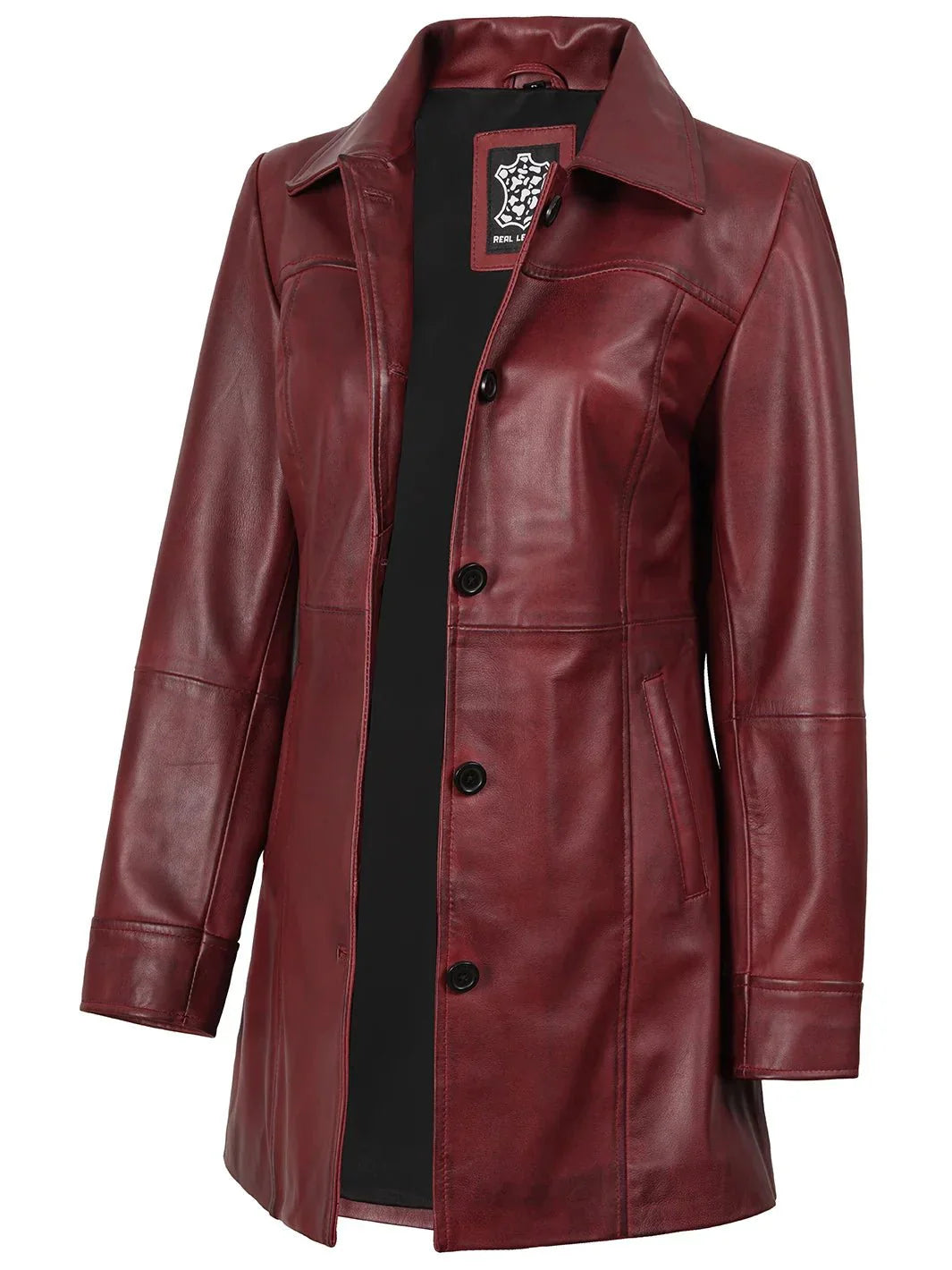 Kandis Women's Burgundy Real Leather Car Coat - Rare Leather