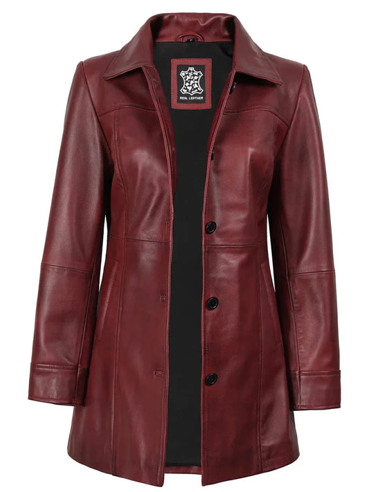 Kandis Women's Burgundy Real Leather Car Coat - Vox Leather