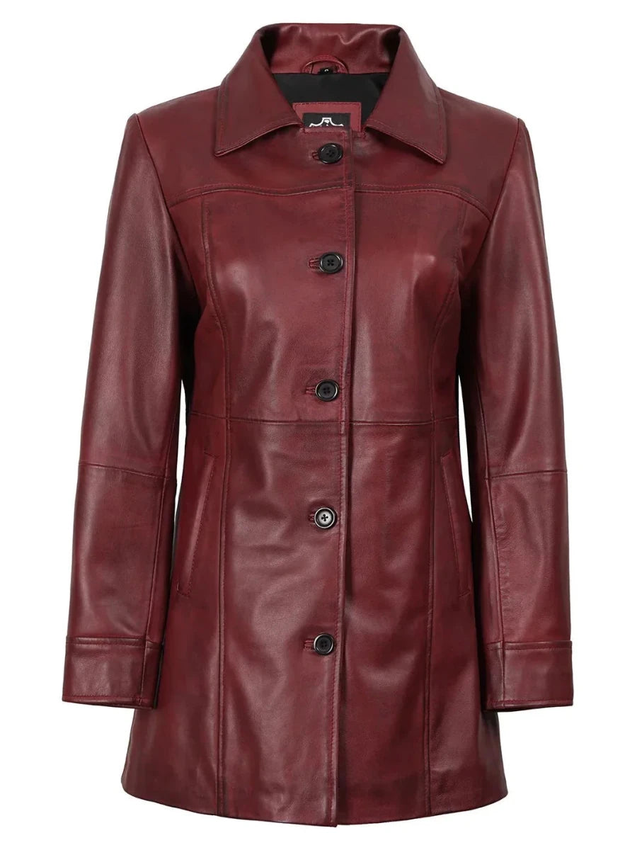 Kandis Women's Burgundy Real Leather Car Coat - Vox Leather
