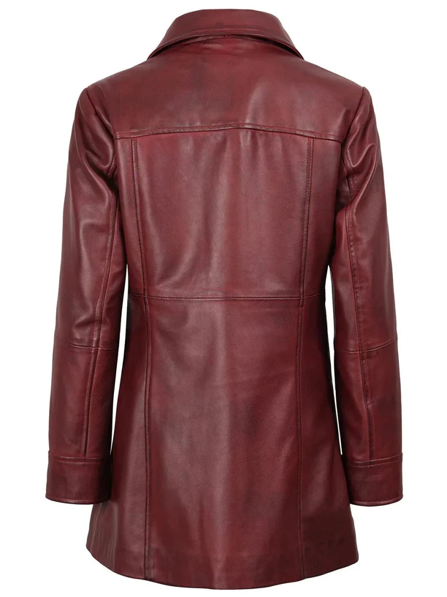 Kandis Women's Burgundy Real Leather Car Coat - Vox Leather