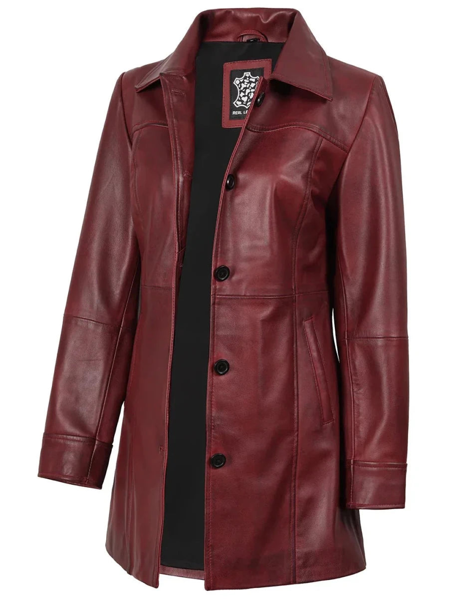 Kandis Women's Burgundy Real Leather Car Coat - Vox Leather