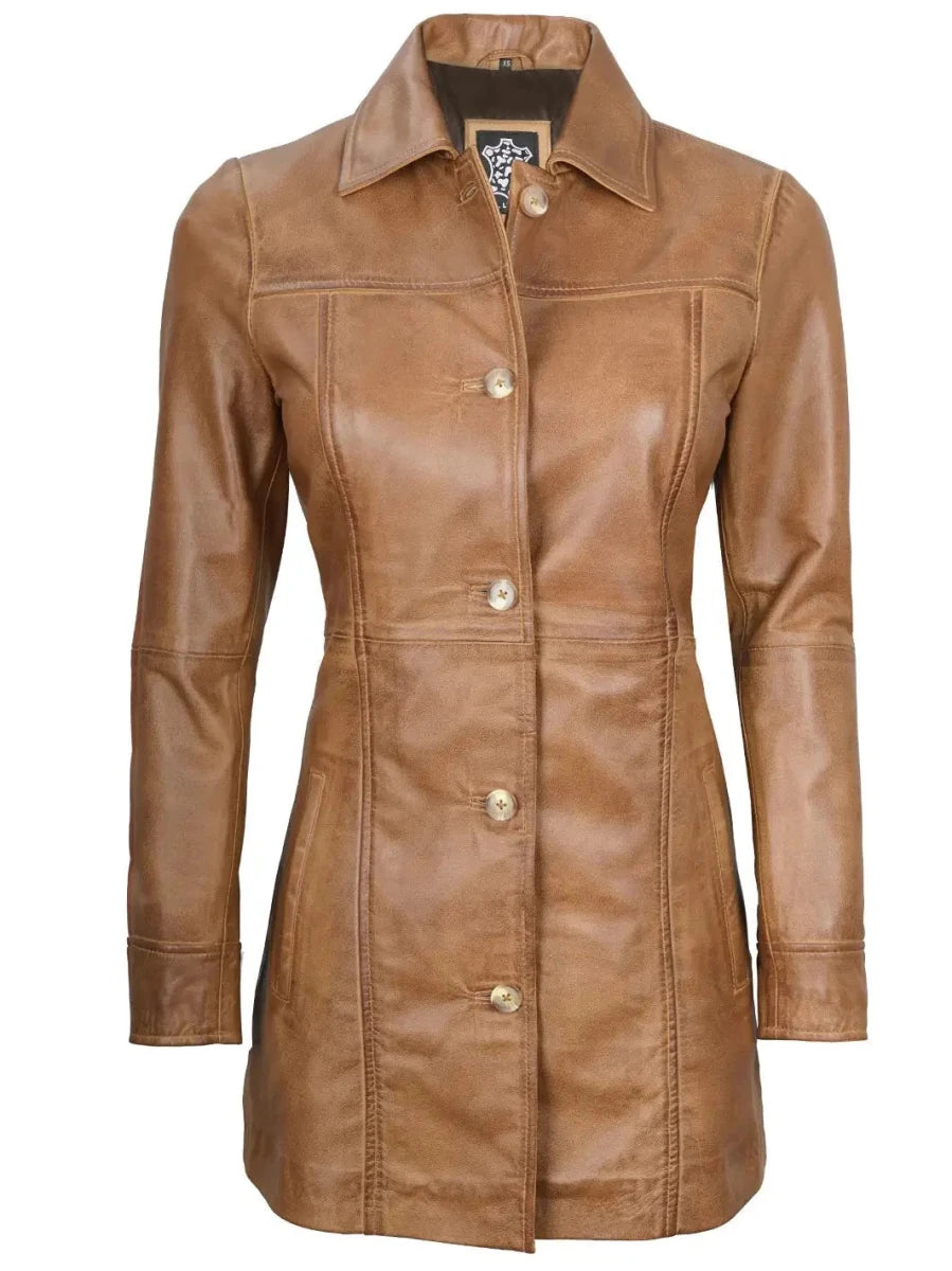 Kandis Womens Camel Brown Real Leather Car Coat - Vox Leather