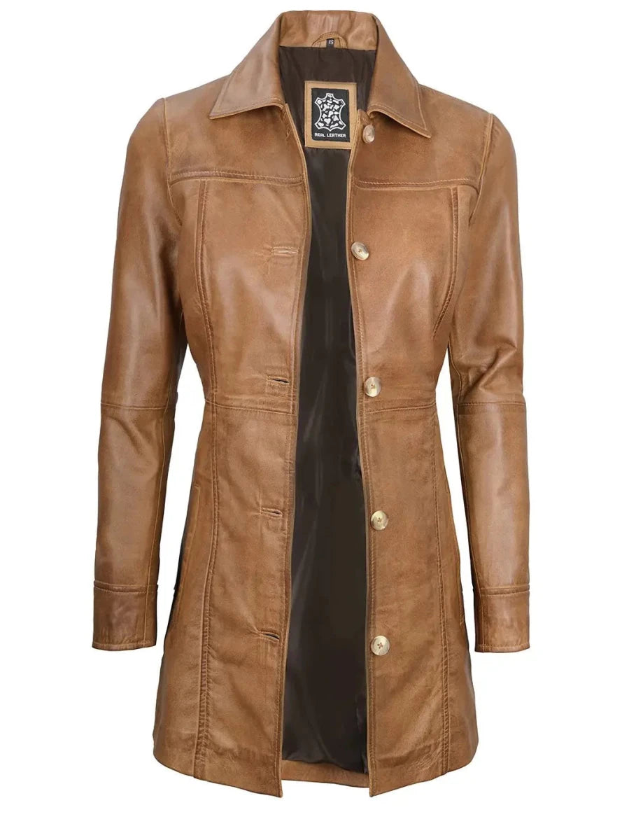 Kandis Womens Camel Brown Real Leather Car Coat - Vox Leather