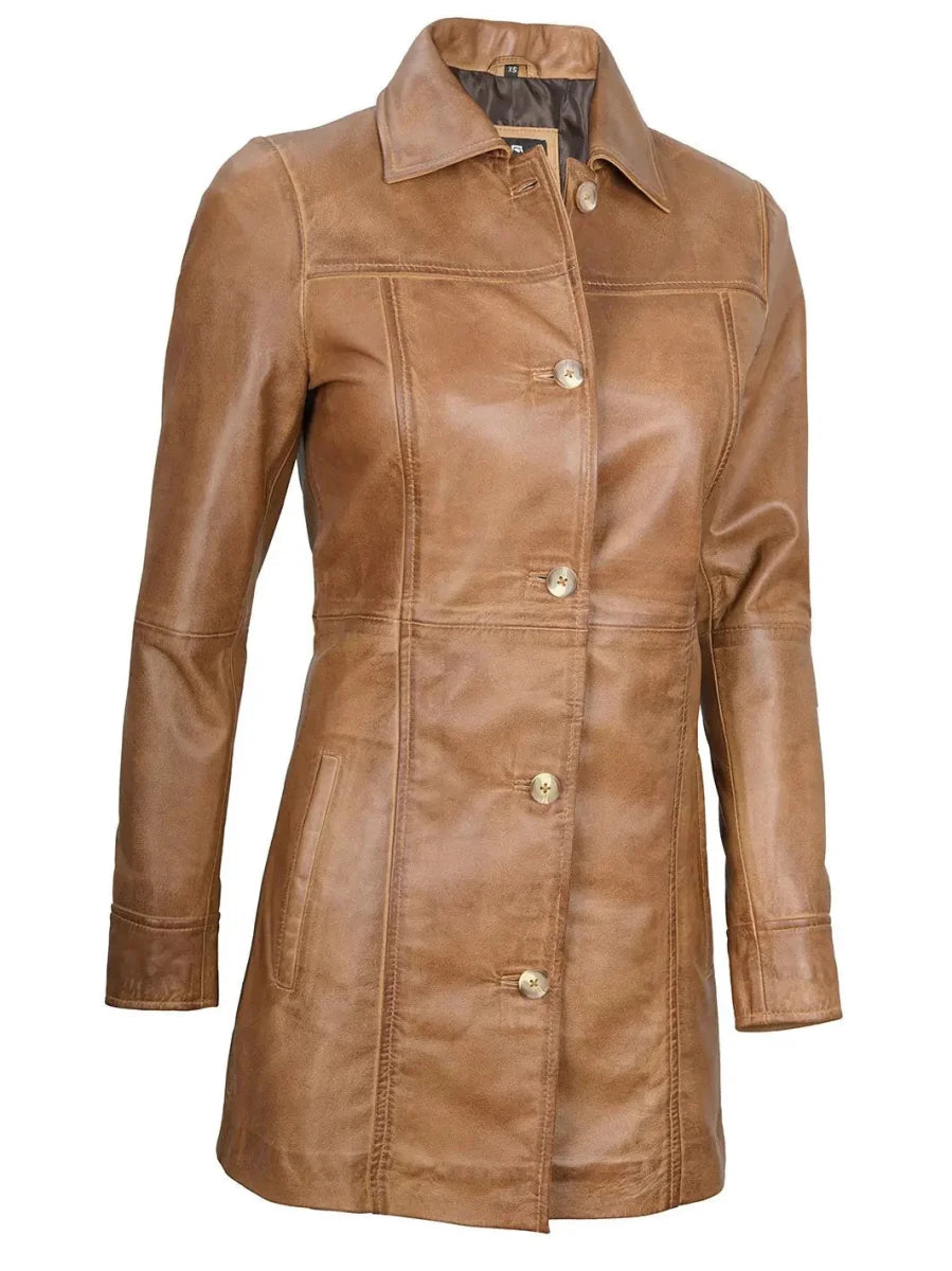 Kandis Womens Camel Brown Real Leather Car Coat - Vox Leather