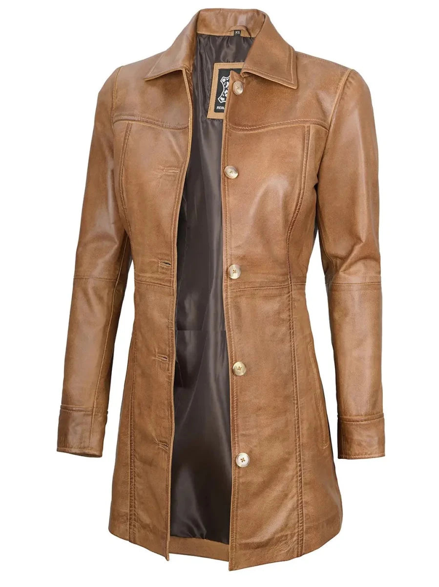 Kandis Womens Camel Brown Real Leather Car Coat - Vox Leather
