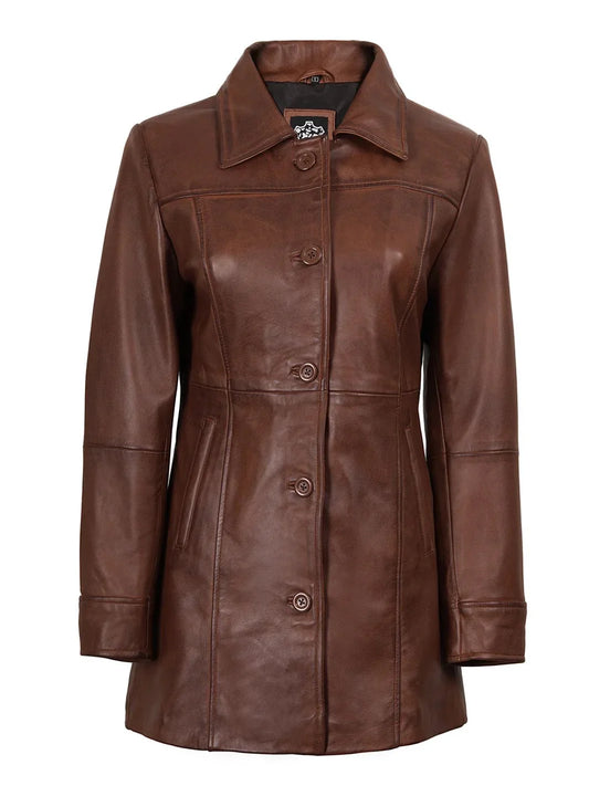Kandis Women's Cognac Brown Leather Car Coat - Rare Leather