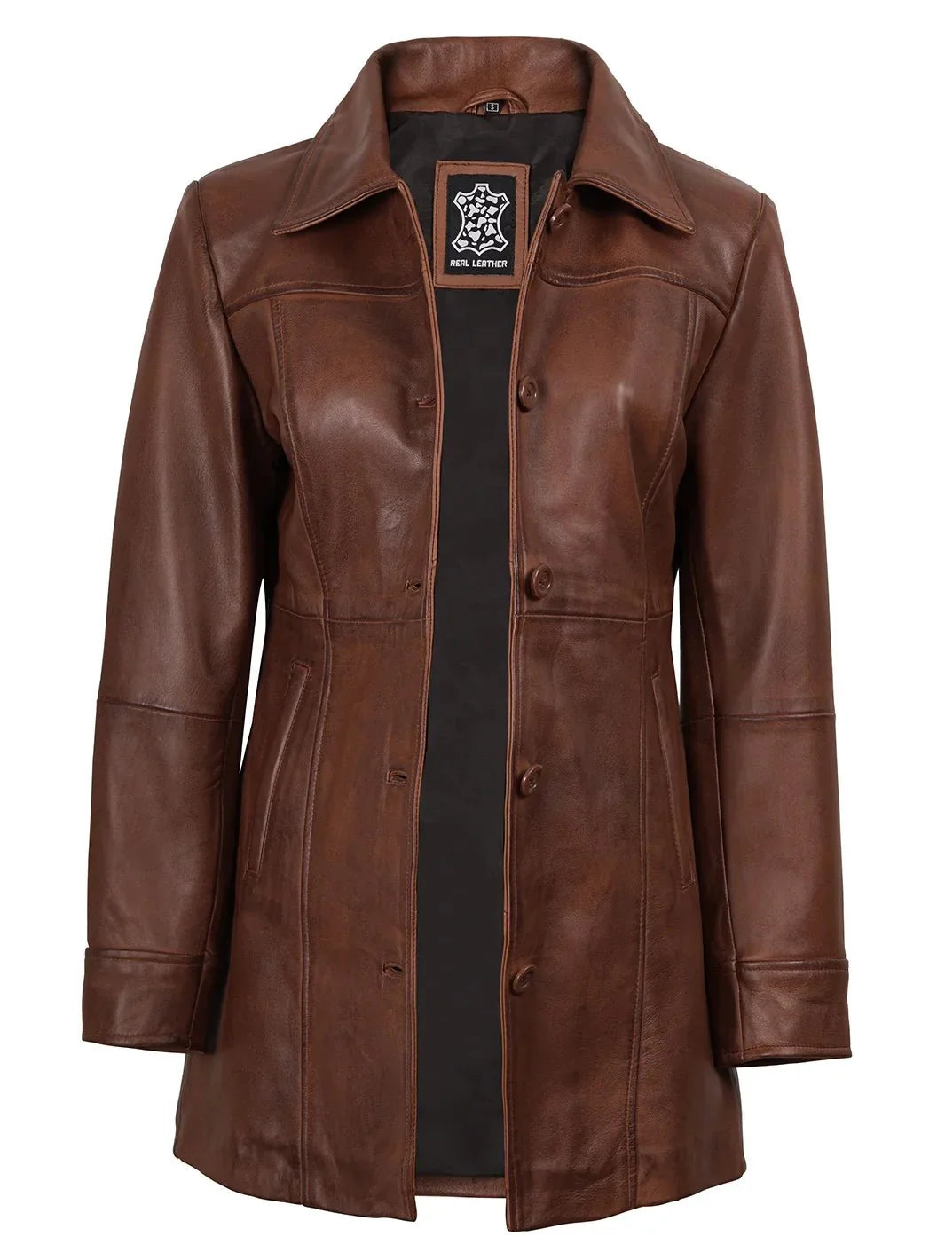 Kandis Women's Cognac Brown Leather Car Coat - Rare Leather