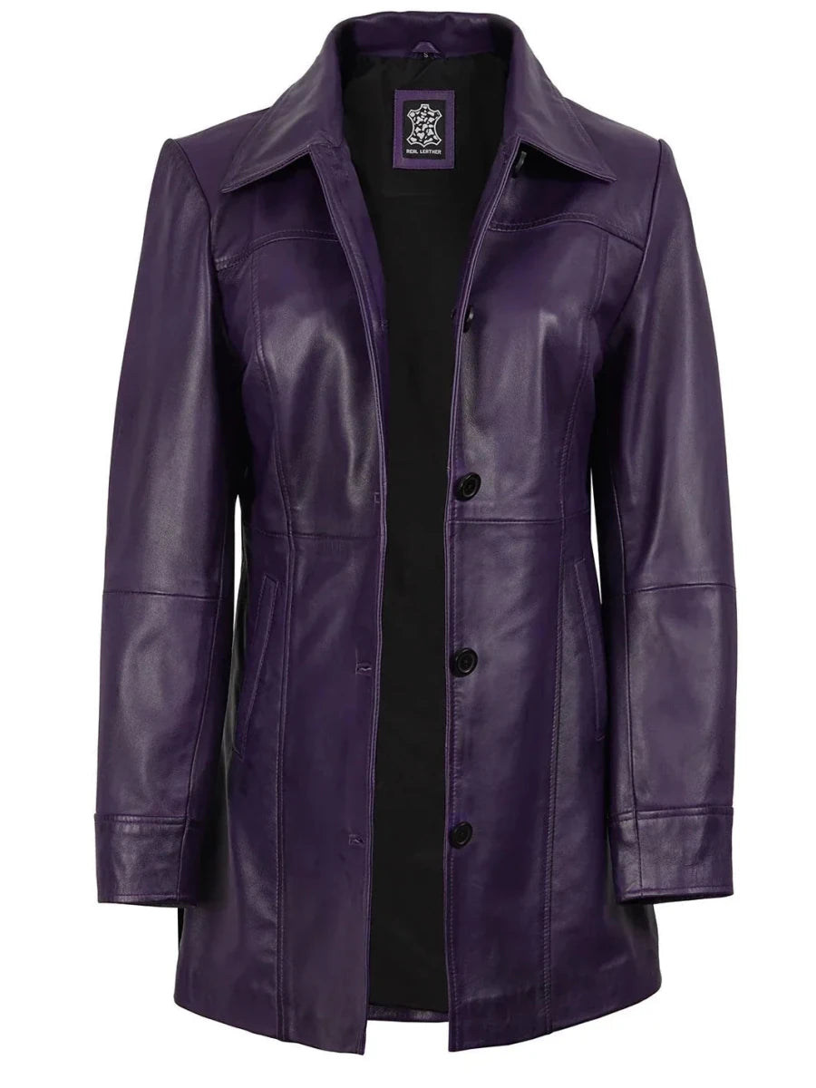 Kandis Women's Leather Purple 3/4 Length Car Coat - Vox Leather