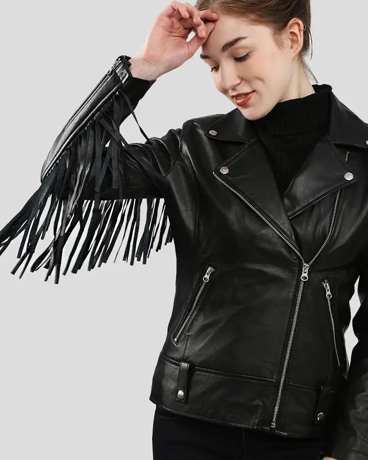 Kiana Black Biker Fringes Leather Jacket - Rare Leather
