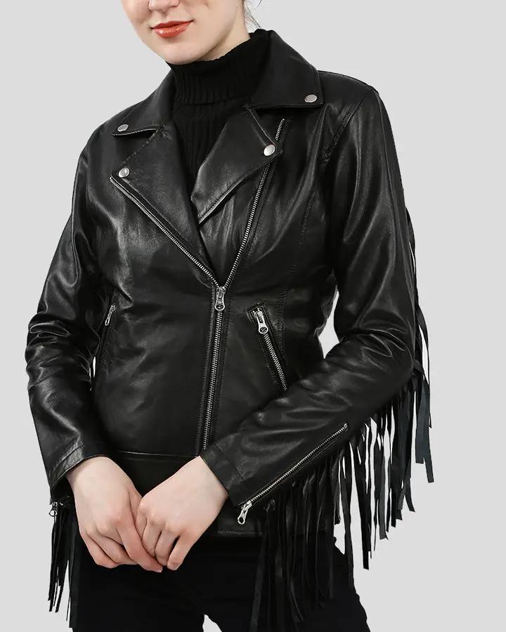 Kiana Black Biker Fringes Leather Jacket - Rare Leather