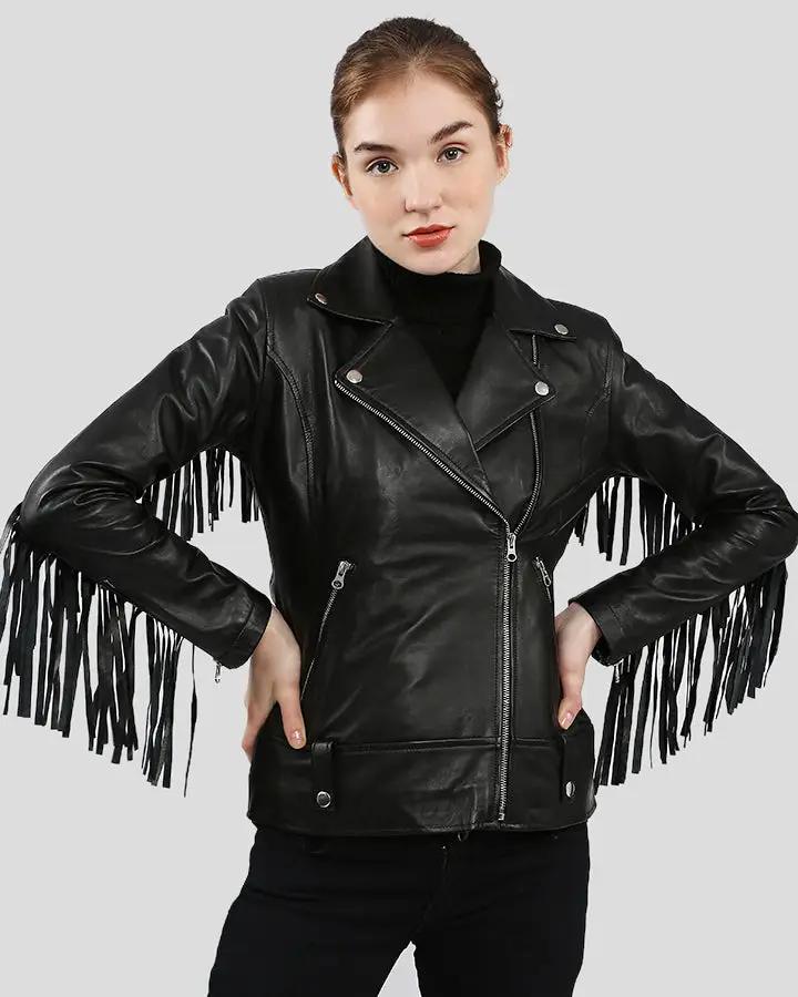 Kiana Black Biker Fringes Leather Jacket - Rare Leather