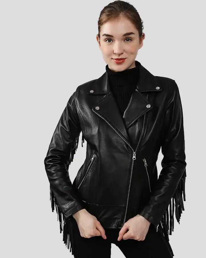 Kiana Black Biker Fringes Leather Jacket - Rare Leather