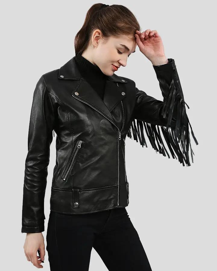 Kiana Black Biker Fringes Leather Jacket - Rare Leather