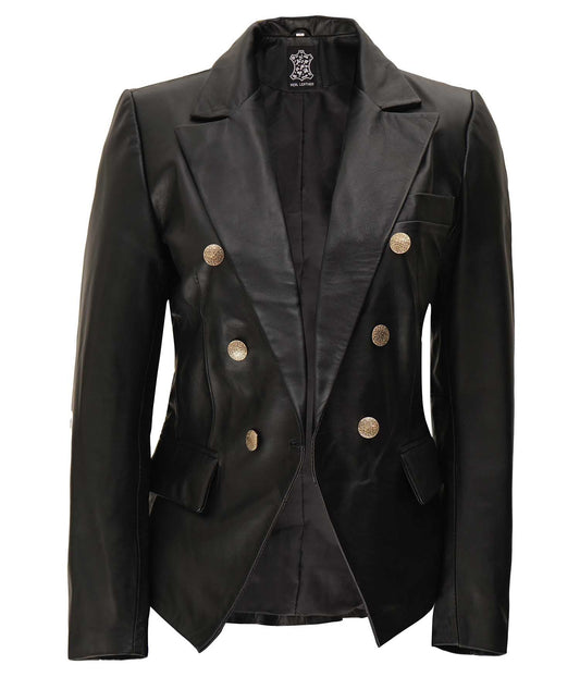 Kim Women's Black Double Breasted Leather Blazer Jacket - Rare Leather