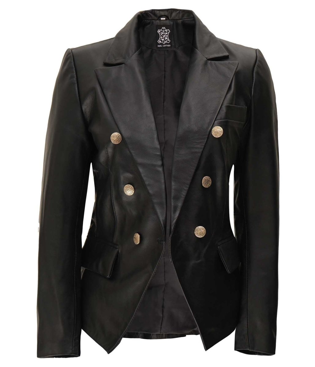 Kim Women's Black Double Breasted Leather Blazer Jacket - Vox Leather