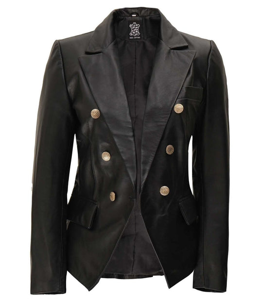 Kim Women's Black Double Breasted Leather Blazer Jacket - Vox Leather