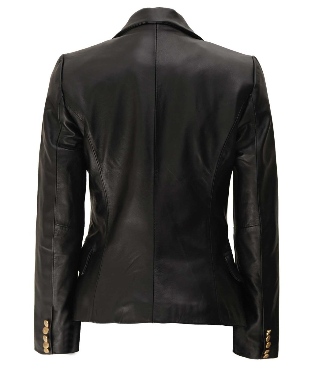 Kim Women's Black Double Breasted Leather Blazer Jacket - Vox Leather