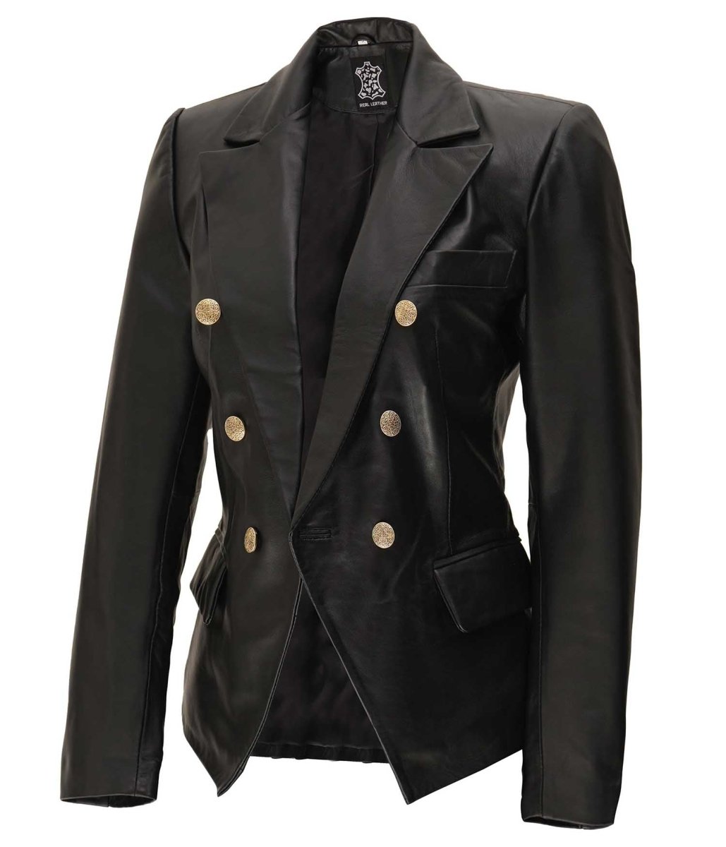 Kim Women's Black Double Breasted Leather Blazer Jacket - Vox Leather