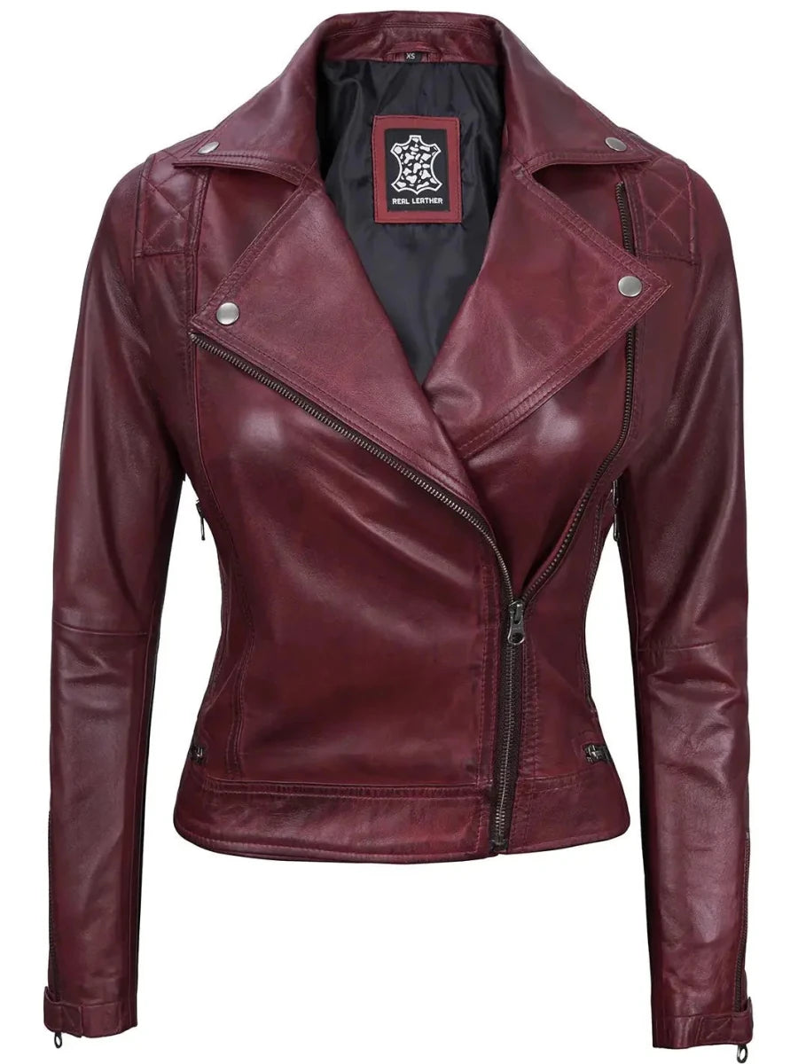 Kimberley Women's Asymmetrical Burgundy Quilted Moto Leather Jacket - Vox Leather