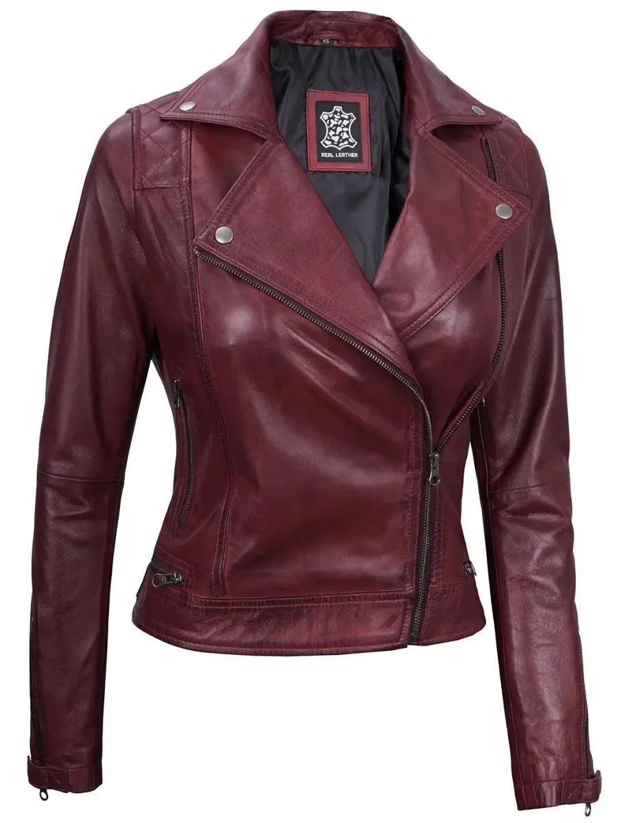 Kimberley Women's Asymmetrical Burgundy Quilted Moto Leather Jacket - Vox Leather