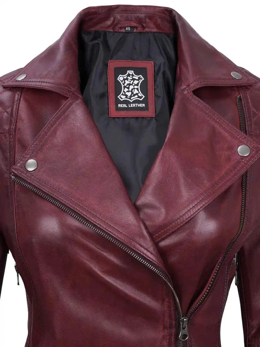 Kimberley Women's Asymmetrical Burgundy Quilted Moto Leather Jacket - Vox Leather