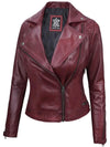 Kimberley Women's Asymmetrical Burgundy Quilted Moto Leather Jacket - Vox Leather