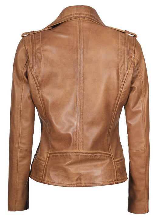 Kirsten Womens Asymmetrical Camel Brown Biker Leather Jacket - Vox Leather